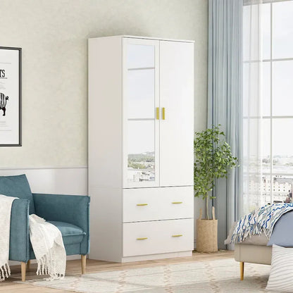 31.5W x 72H Two Door Wardrobe With Mirror White/Dark Brown Armoires - 31.5W x 72H