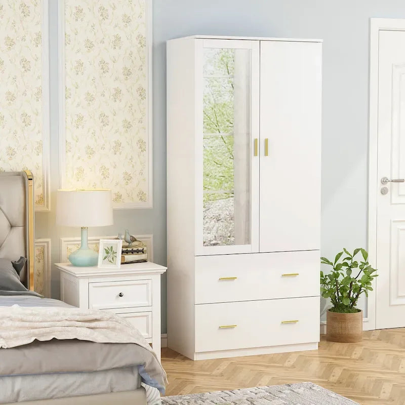 Armoire à deux portes avec miroir, 80 cm de largeur x 183 cm de hauteur, blanc/brun foncé - 80 cm de largeur x 183 cm de hauteur