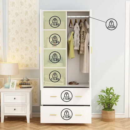 Armoire à deux portes avec miroir, 80 cm de largeur x 183 cm de hauteur, blanc/brun foncé - 80 cm de largeur x 183 cm de hauteur