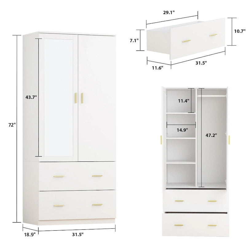 Armoire à deux portes avec miroir, 80 cm de largeur x 183 cm de hauteur, blanc/brun foncé - 80 cm de largeur x 183 cm de hauteur