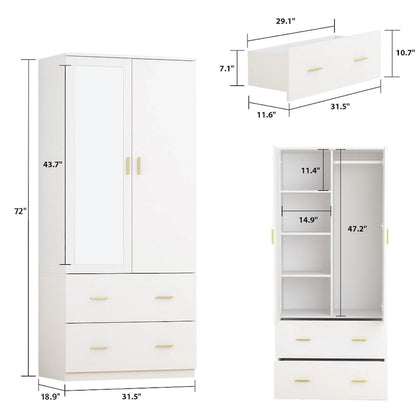 Armoire à deux portes avec miroir, 80 cm de largeur x 183 cm de hauteur, blanc/brun foncé - 80 cm de largeur x 183 cm de hauteur