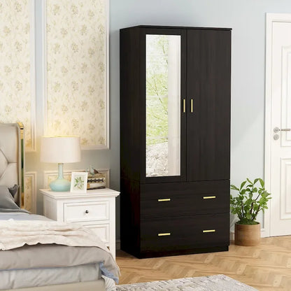 Armoire à deux portes avec miroir, 80 cm de largeur x 183 cm de hauteur, blanc/brun foncé - 80 cm de largeur x 183 cm de hauteur