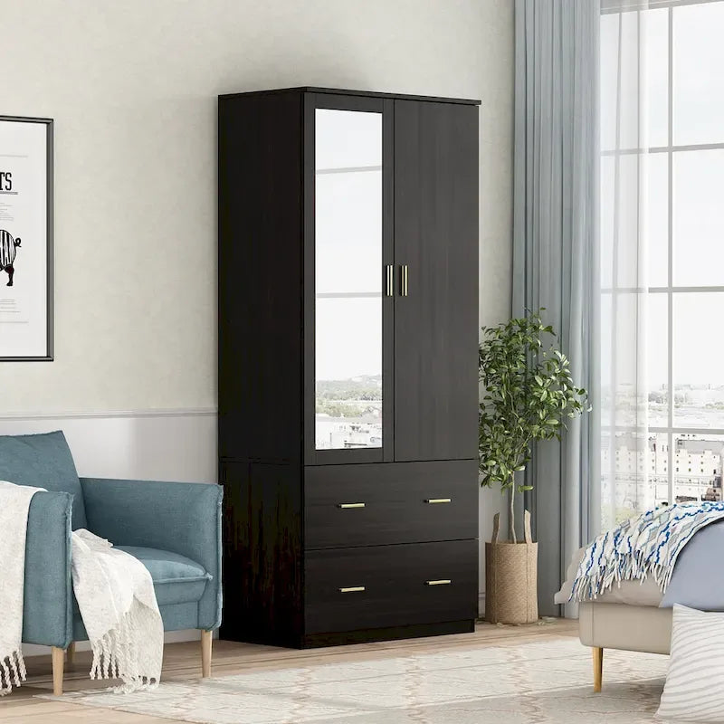 Armoire à deux portes avec miroir, 80 cm de largeur x 183 cm de hauteur, blanc/brun foncé - 80 cm de largeur x 183 cm de hauteur