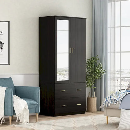 Armoire à deux portes avec miroir, 80 cm de largeur x 183 cm de hauteur, blanc/brun foncé - 80 cm de largeur x 183 cm de hauteur