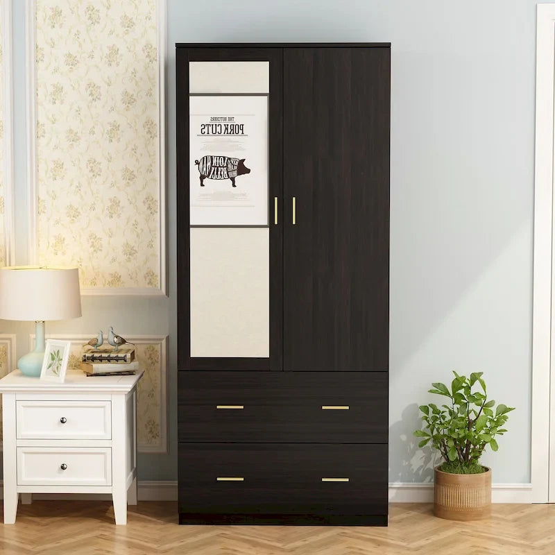 Armoire à deux portes avec miroir, 80 cm de largeur x 183 cm de hauteur, blanc/brun foncé - 80 cm de largeur x 183 cm de hauteur