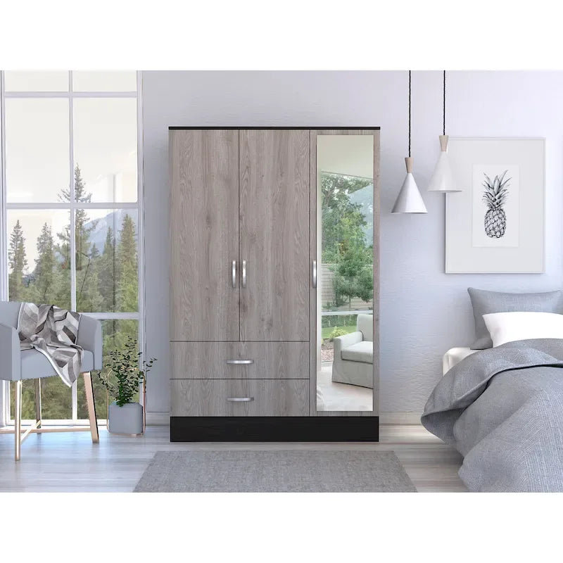 FM Furniture Florencia S Mirrored Bedroom Armoire, with Two Cabinets, Two Drawers and Divisions