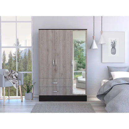 FM Furniture Florencia S Mirrored Bedroom Armoire, with Two Cabinets, Two Drawers and Divisions