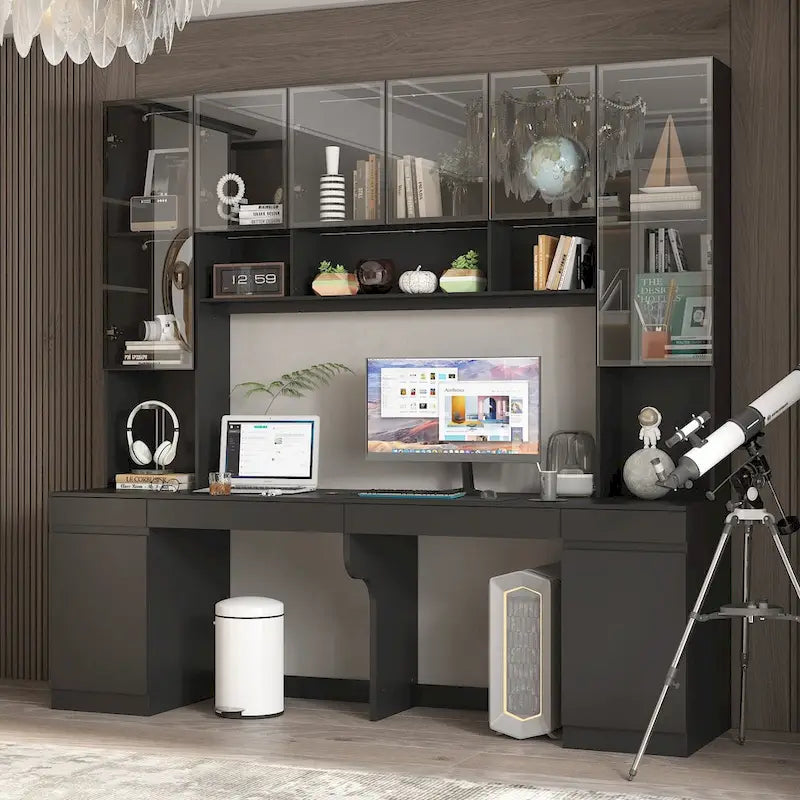 Poste de travail double spacieux de 90,6 cm de large avec de nombreux rangements pour deux tables.