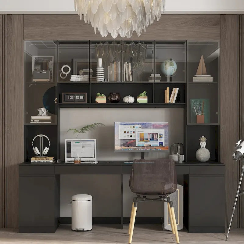 Poste de travail double spacieux de 90,6 cm de large avec de nombreux rangements pour deux tables.