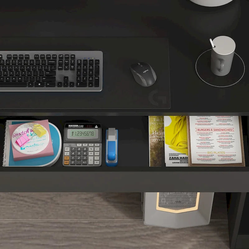 Poste de travail double spacieux de 90,6 cm de large avec de nombreux rangements pour deux tables.