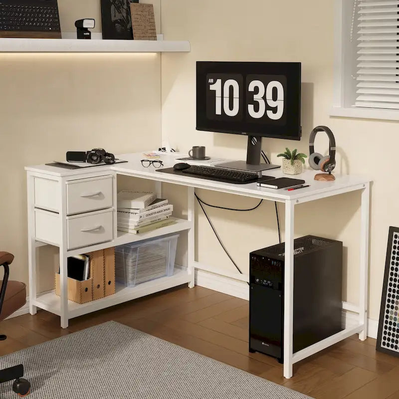 Bureau d'ordinateur en forme de L avec station de charge, bureau d'angle réversible avec tiroir