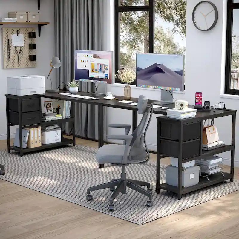 L Shaped Computer Desk with Charging Station Reversible Corner PC Desk with Drawer