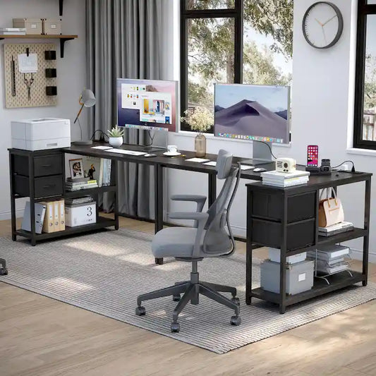 L Shaped Computer Desk with Charging Station Reversible Corner PC Desk with Drawer