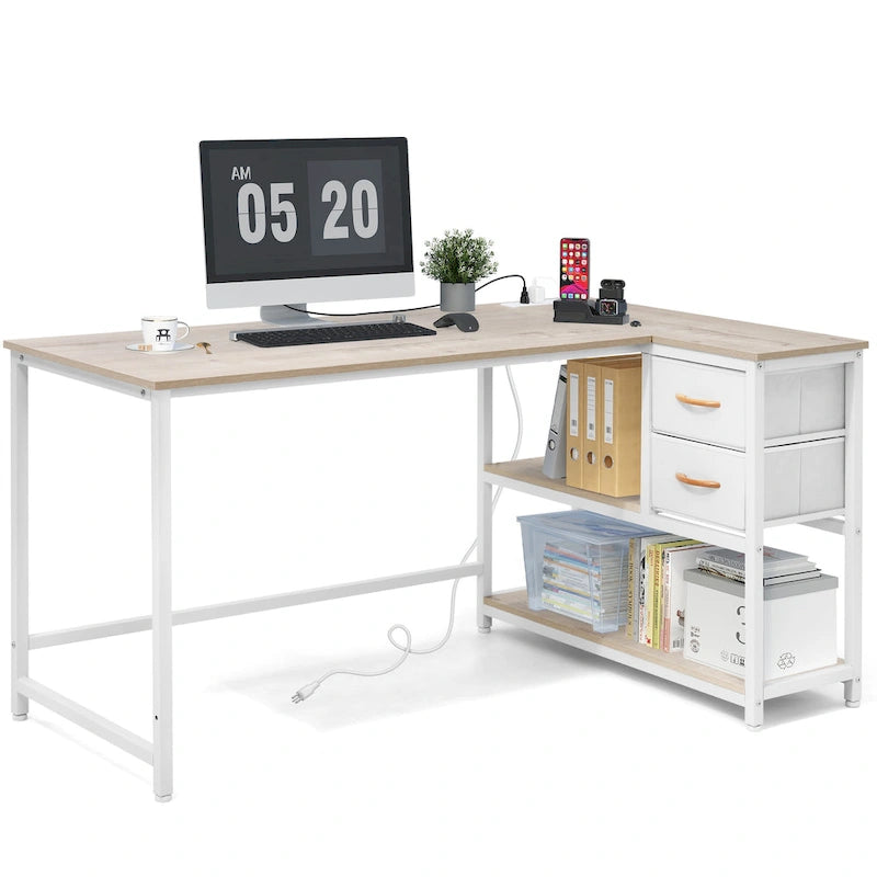 Bureau d'ordinateur en forme de L avec station de charge, bureau d'angle réversible avec tiroir