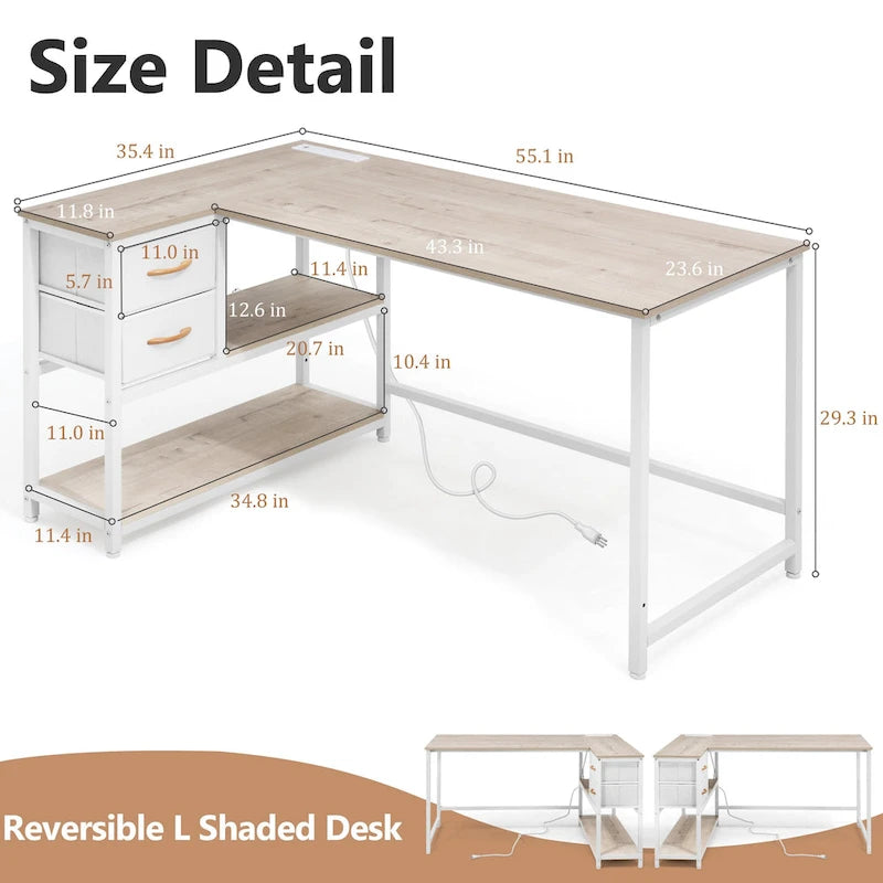 Bureau d'ordinateur en forme de L avec station de charge, bureau d'angle réversible avec tiroir