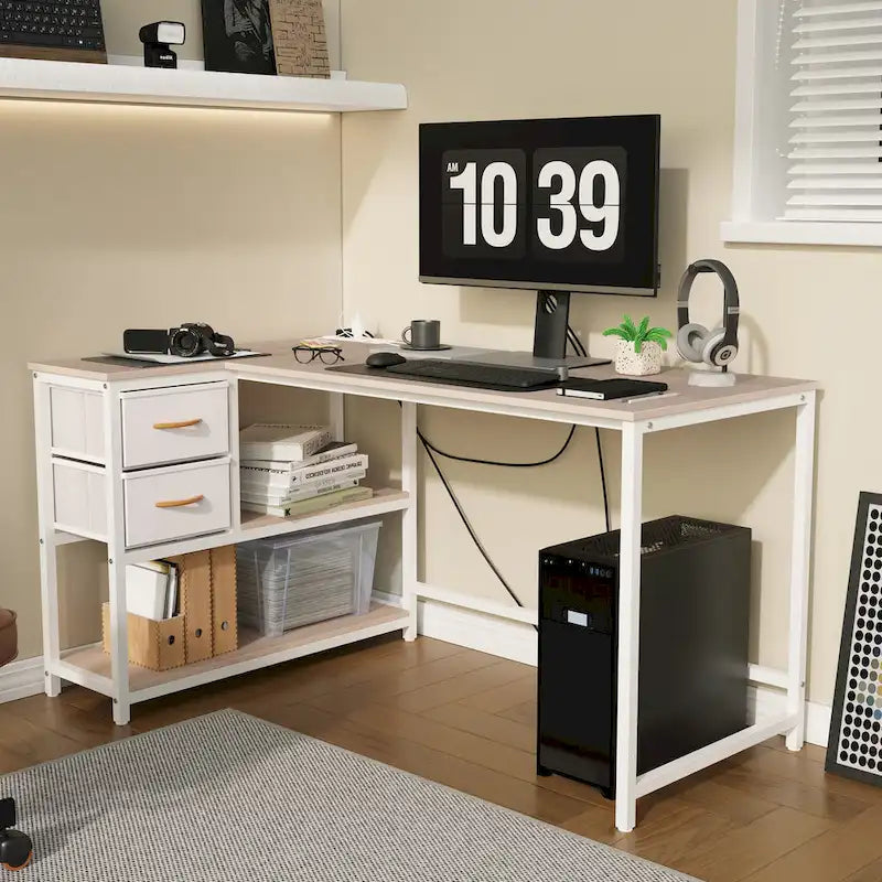 Bureau d'ordinateur en forme de L avec station de charge, bureau d'angle réversible avec tiroir