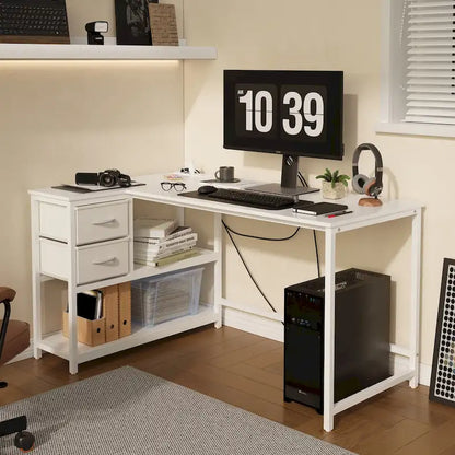 Bureau d'ordinateur en forme de L avec station de charge, bureau d'angle réversible avec tiroir