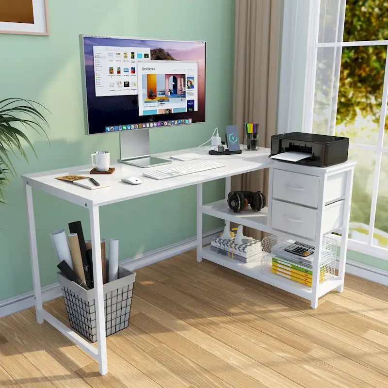 Bureau d'ordinateur en forme de L avec station de charge, bureau d'angle réversible avec tiroir