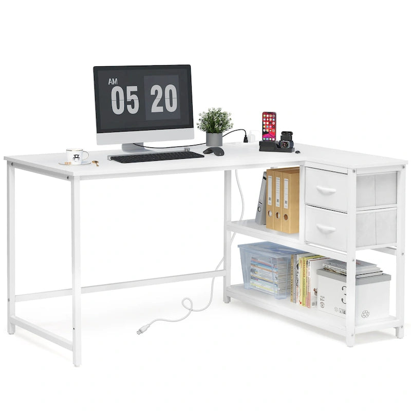 Bureau d'ordinateur en forme de L avec station de charge, bureau d'angle réversible avec tiroir
