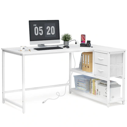 Bureau d'ordinateur en forme de L avec station de charge, bureau d'angle réversible avec tiroir