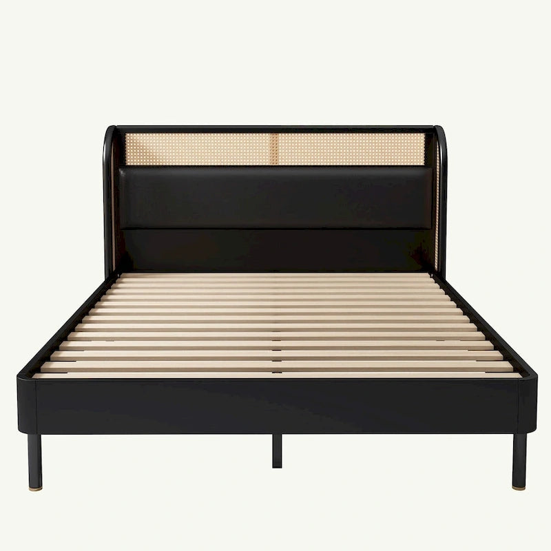 Lit Queen plateforme en bois de rotin