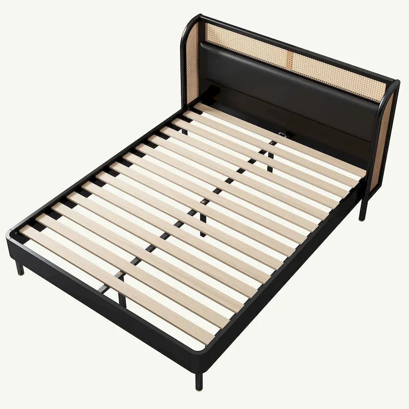 Lit Queen plateforme en bois de rotin