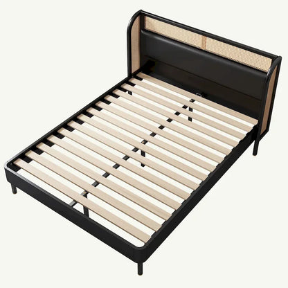 Lit Queen plateforme en bois de rotin