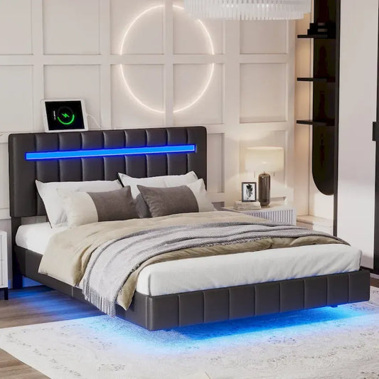 Floating Bed Frame with LED Lights and USB Charging