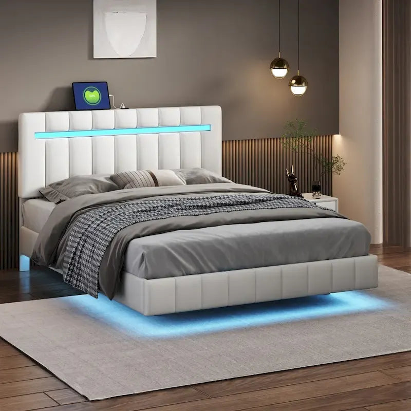 Cadre de lit flottant avec lumières LED et port USB pour le chargement