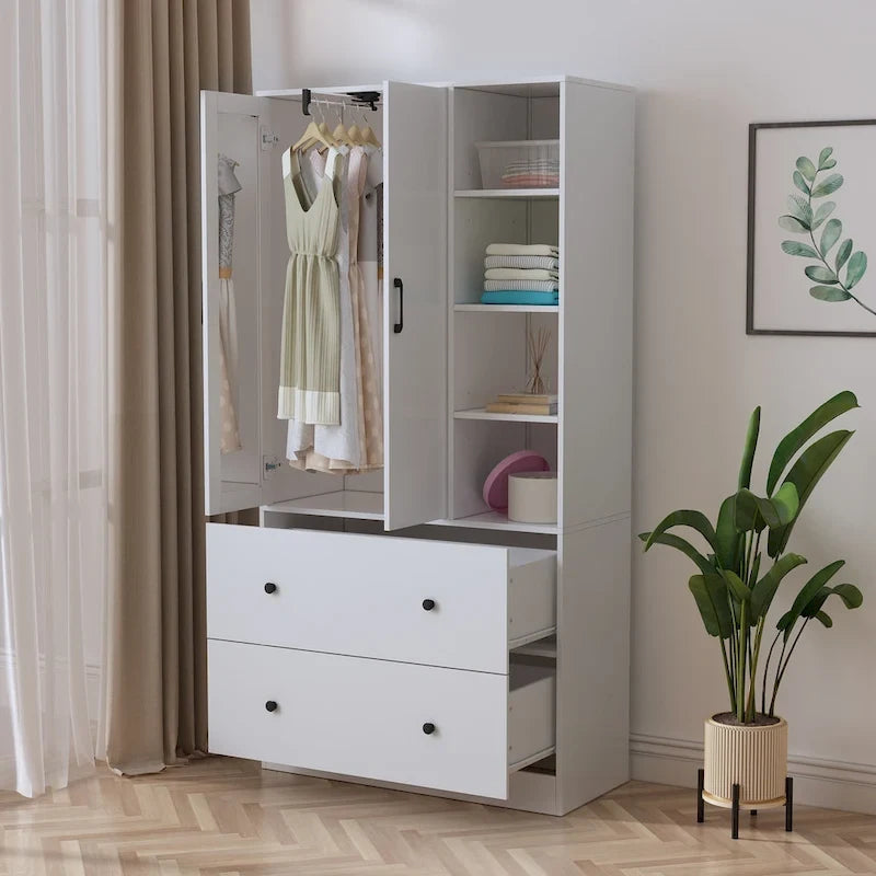 Armoire-penderie avec miroir et tringle à vêtements extensible, gain de place