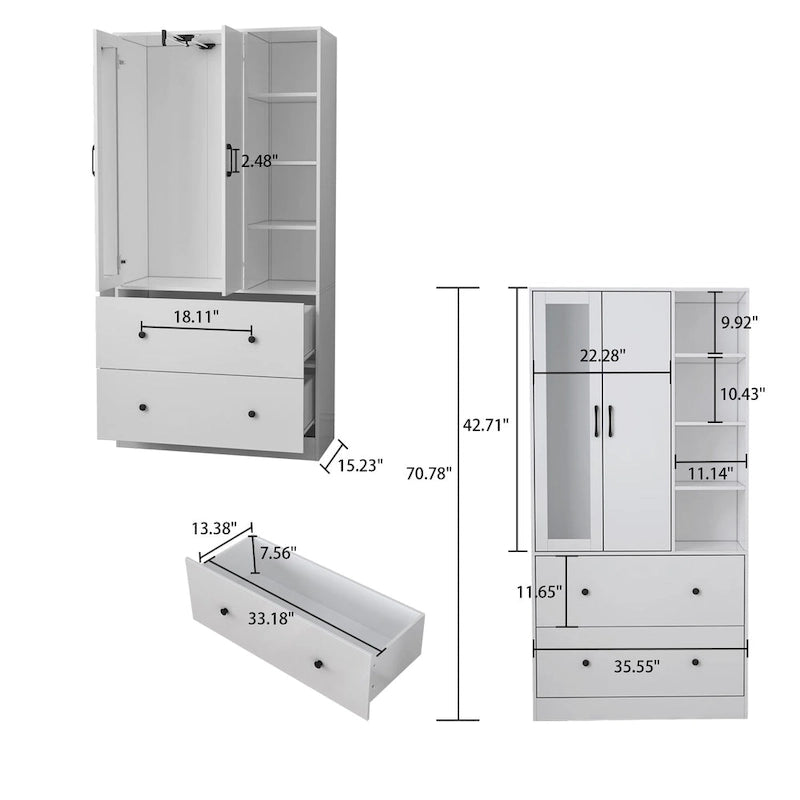 Armoire-penderie avec miroir et tringle à vêtements extensible, gain de place