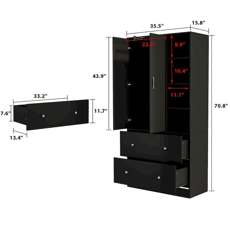 Armoire-penderie avec miroir et tringle à vêtements extensible, gain de place