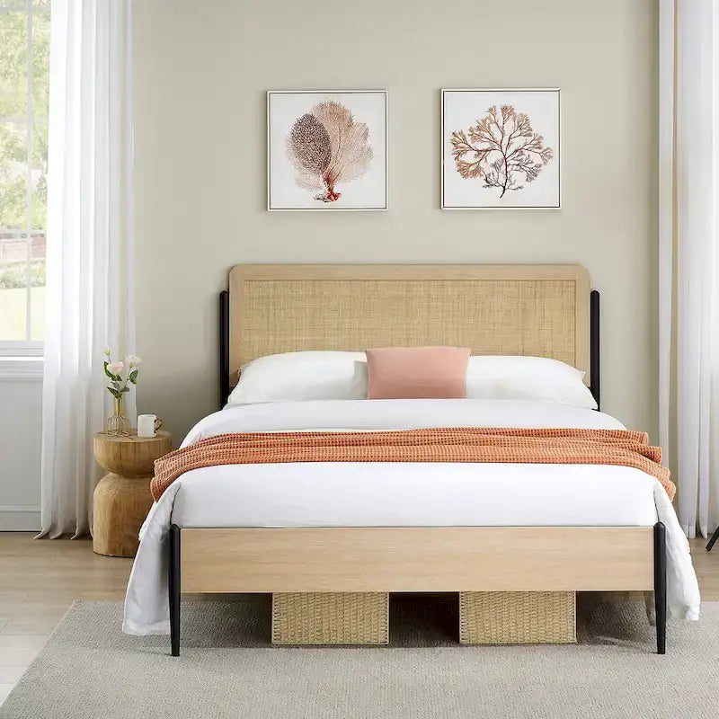 Metal Bed Frame with Curved Natural Rattan Headboard, No Box Spring Needed