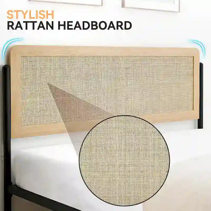 Cadre de lit en métal avec tête de lit incurvée en rotin naturel, sommier non nécessaire