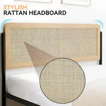 Cadre de lit en métal avec tête de lit incurvée en rotin naturel, sommier non nécessaire