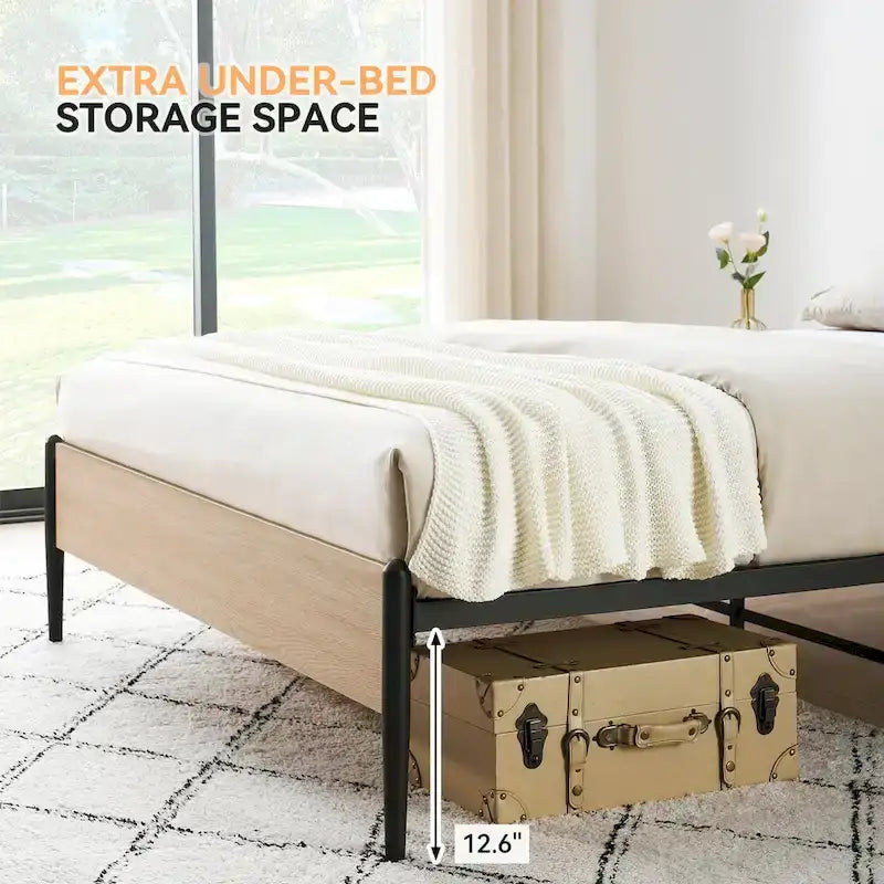 Cadre de lit en métal avec tête de lit incurvée en rotin naturel, sommier non nécessaire