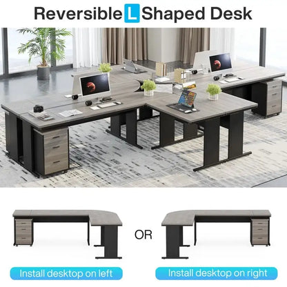 Bureau de direction en L de 83 pouces, grand bureau en L avec caisson mobile à 3 tiroirs, poste de travail de bureau professionnel