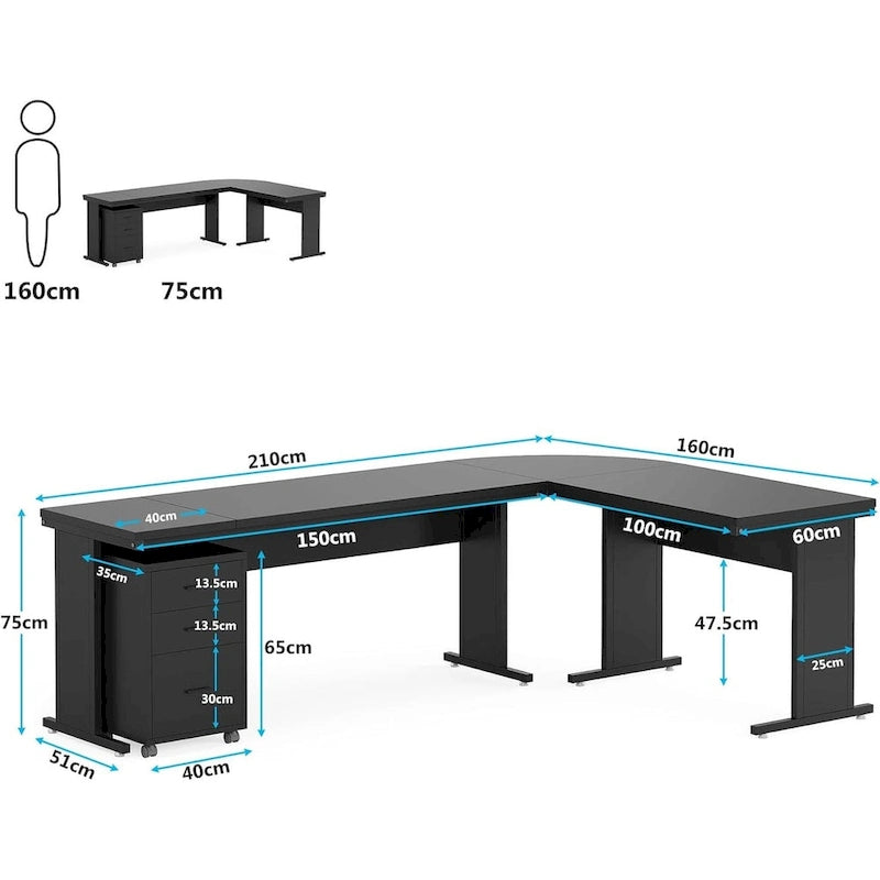 Bureau de direction en L de 83 pouces, grand bureau en L avec caisson mobile à 3 tiroirs, poste de travail de bureau professionnel