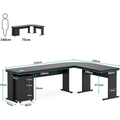 Bureau de direction en L de 83 pouces, grand bureau en L avec caisson mobile à 3 tiroirs, poste de travail de bureau professionnel