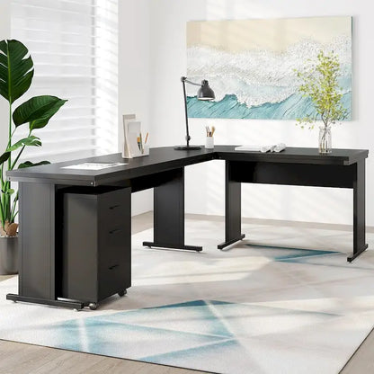 Bureau de direction en L de 83 pouces, grand bureau en L avec caisson mobile à 3 tiroirs, poste de travail de bureau professionnel