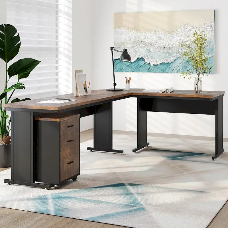 Bureau de direction en L de 83 pouces, grand bureau en L avec caisson mobile à 3 tiroirs, poste de travail de bureau professionnel