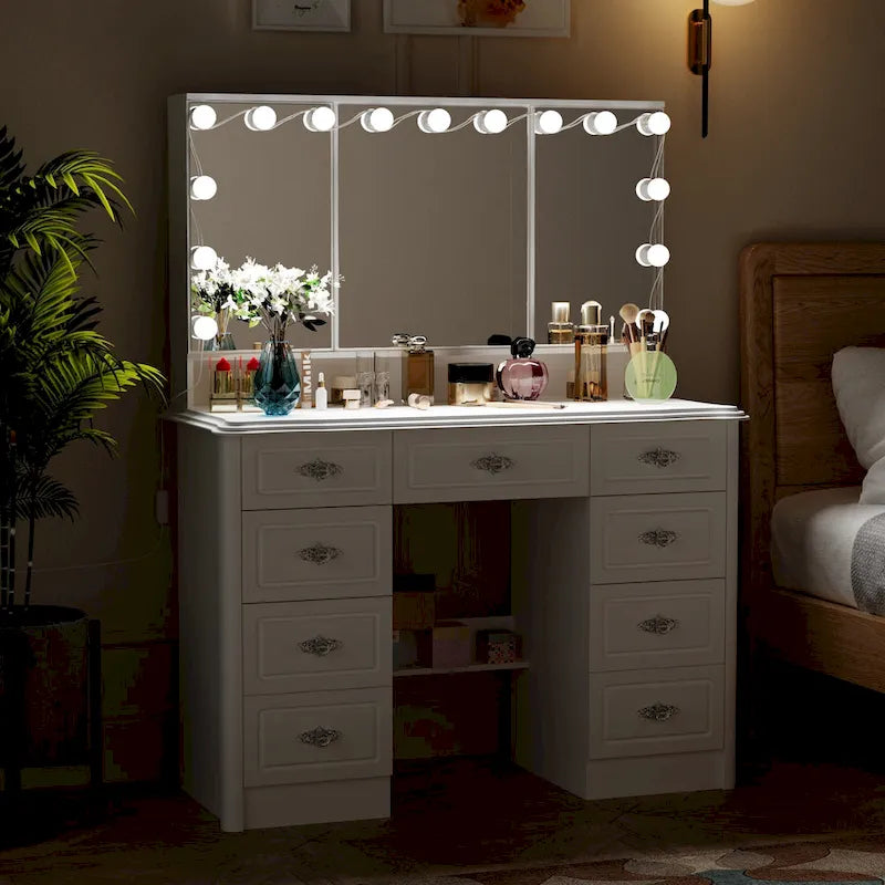 Miroir de maquillage pliable blanc moderne avec éclairage réglable - 40,2 x 54,1