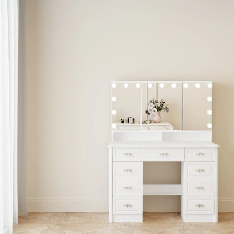 Miroir de maquillage pliable blanc moderne avec éclairage réglable - 40,2 x 54,1