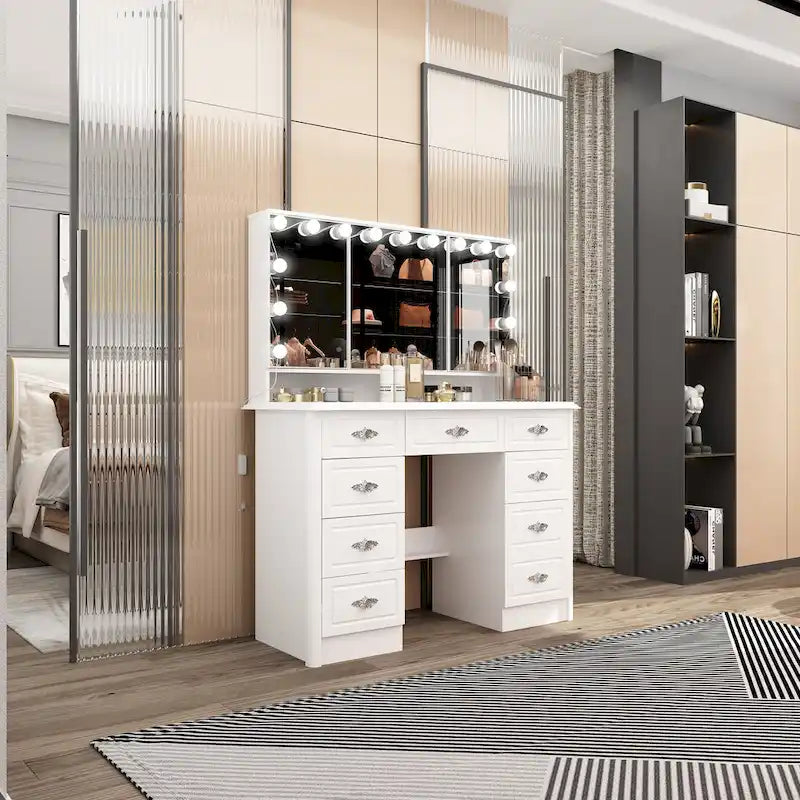 Miroir de maquillage pliable blanc moderne avec éclairage réglable - 40,2 x 54,1