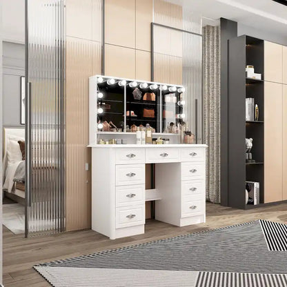 Miroir de maquillage pliable blanc moderne avec éclairage réglable - 40,2 x 54,1