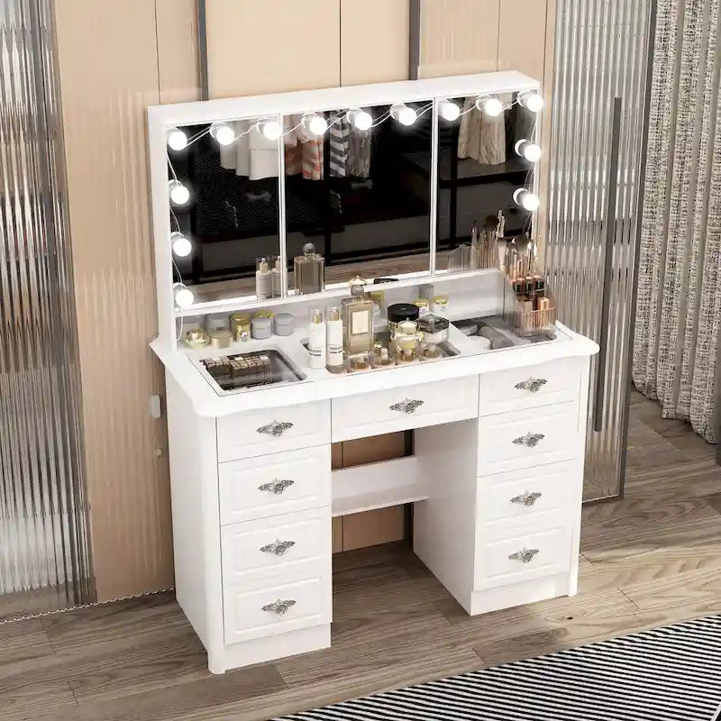 Miroir de maquillage pliable blanc moderne avec éclairage réglable - 40,2 x 54,1