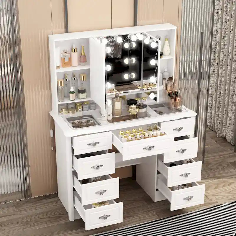 Miroir de maquillage pliable blanc moderne avec éclairage réglable - 40,2 x 54,1