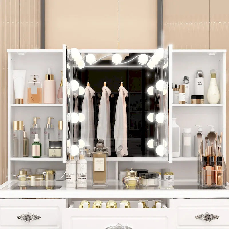 Miroir de maquillage pliable blanc moderne avec éclairage réglable - 40,2 x 54,1