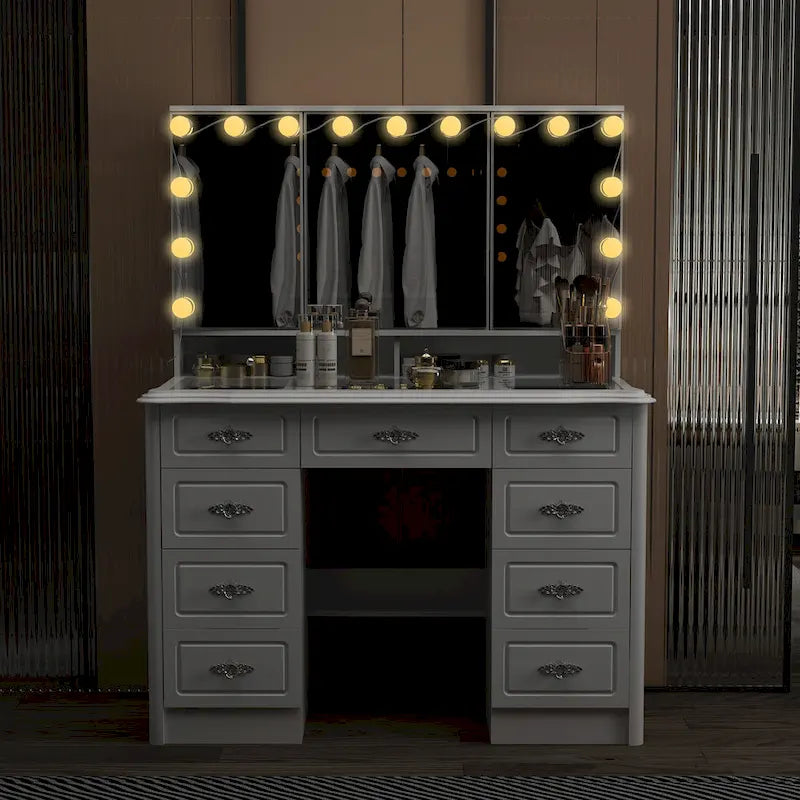 Miroir de maquillage pliable blanc moderne avec éclairage réglable - 40,2 x 54,1