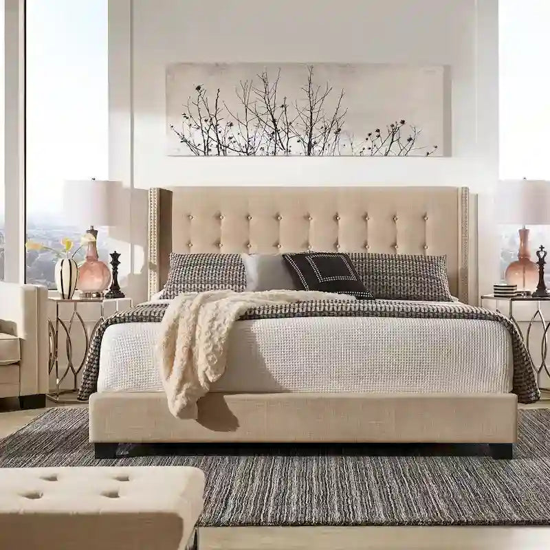 Lit plateforme Melina en lin capitonné avec dossier à oreilles par iNSPIRE Q Bold